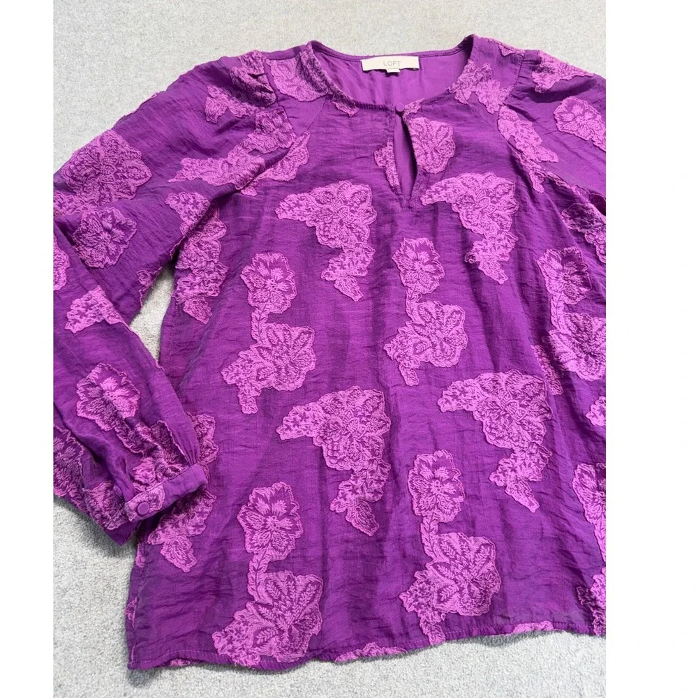 Loft Blouse Womens Small‎ Purple Floral Embroidered Peasant Boho Long Sleeve Top